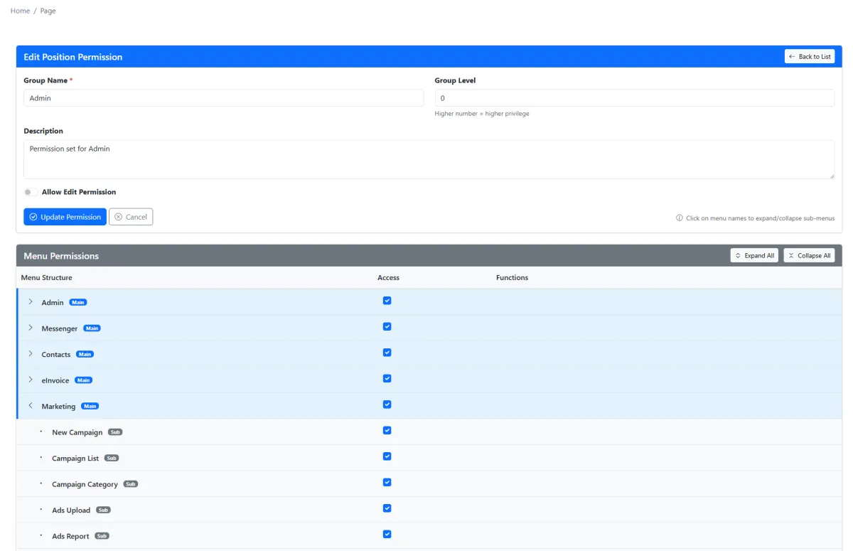 Selecting iCRM menu permissions for an employee group