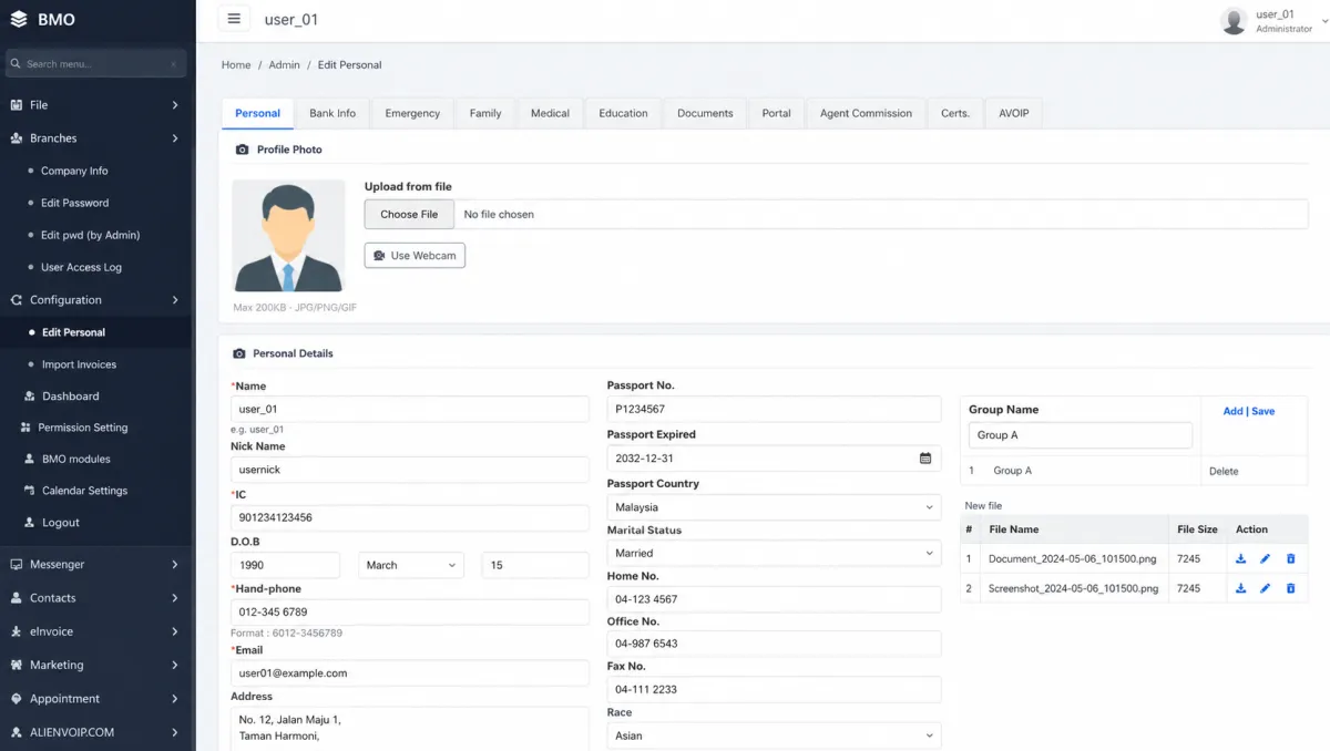 iCRM employee self-edit personal information