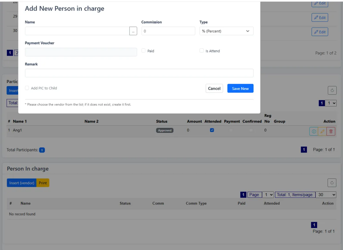 Selecting a vendor as person in charge for an iCRM event