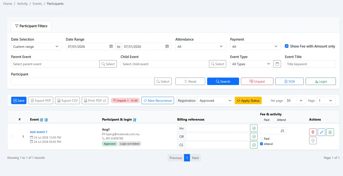 Linking a receipt and invoice to an event participant
