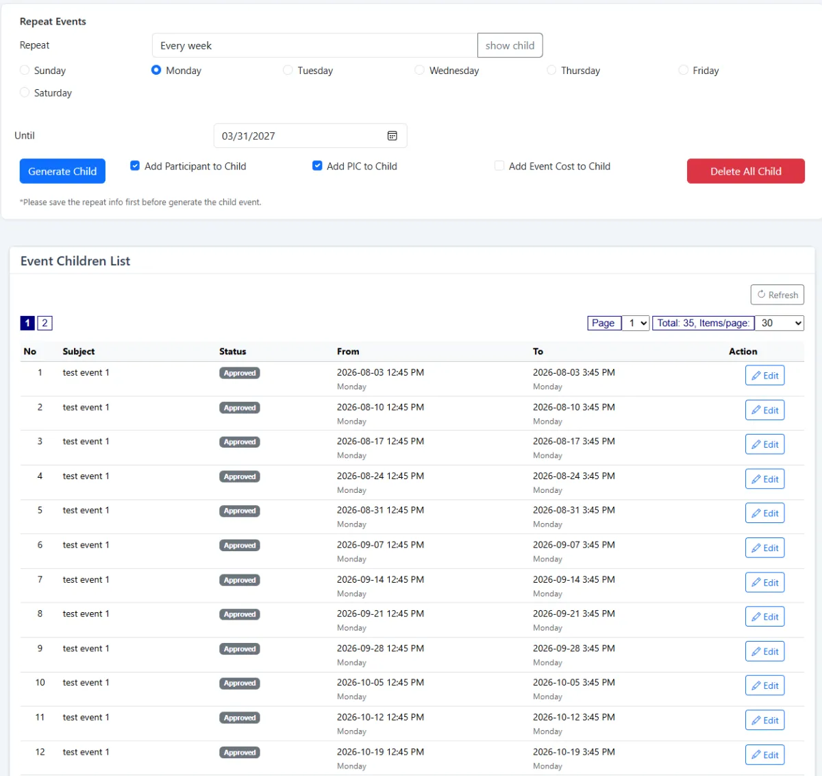 Generated recurring child events in iCRM