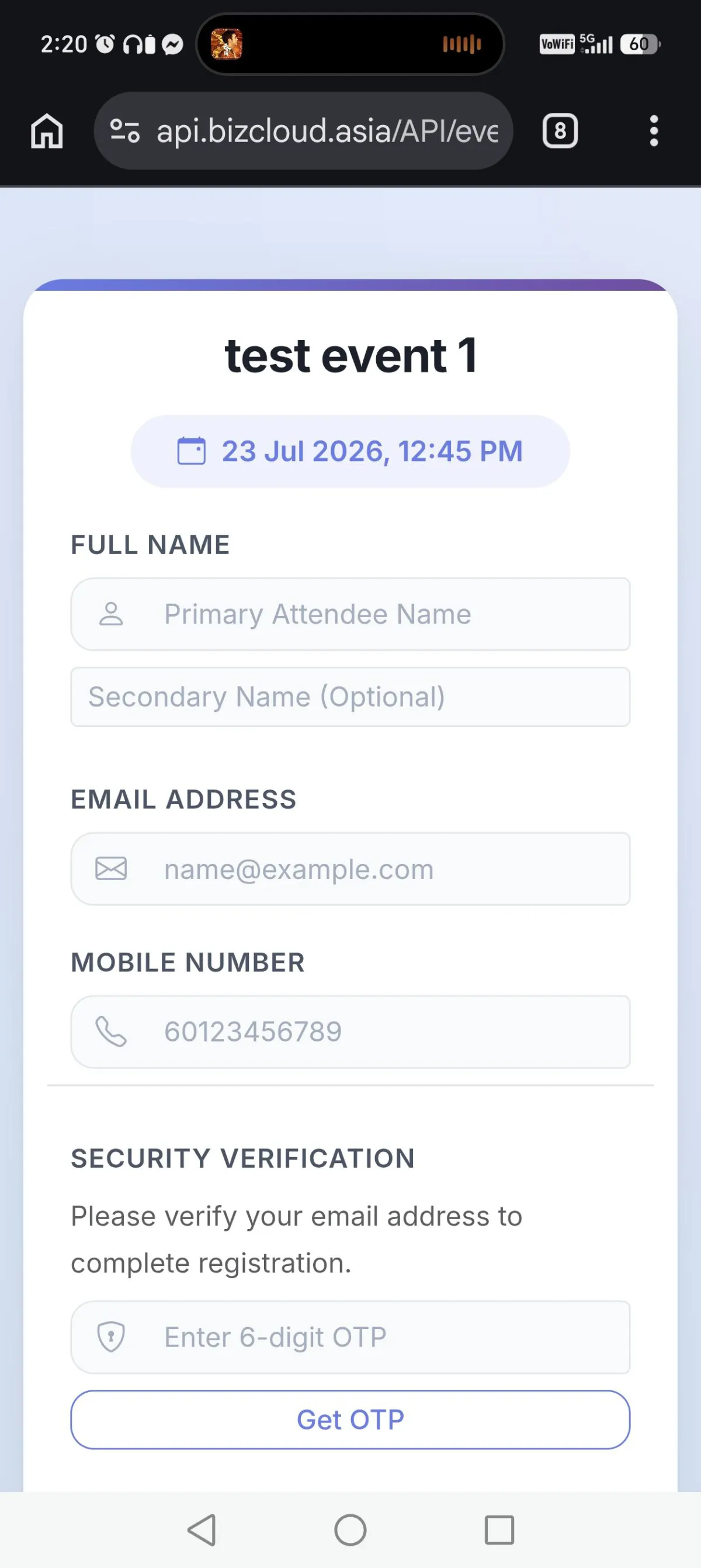 Mobile event registration form after scanning an iCRM event QR