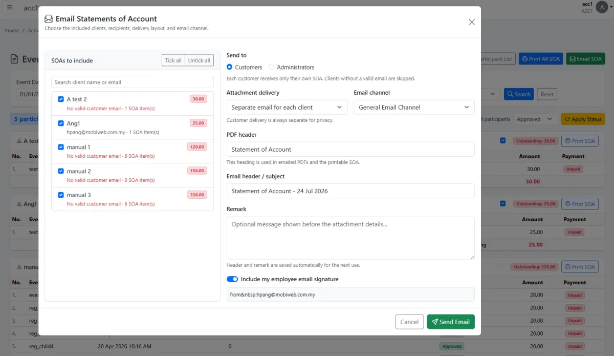 Sending an event participant statement of account