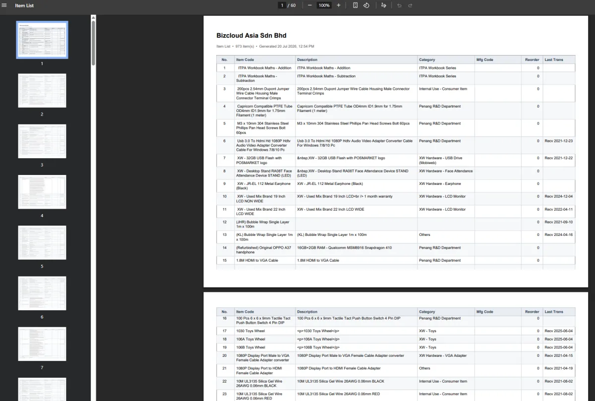 Printed iCRM item list PDF