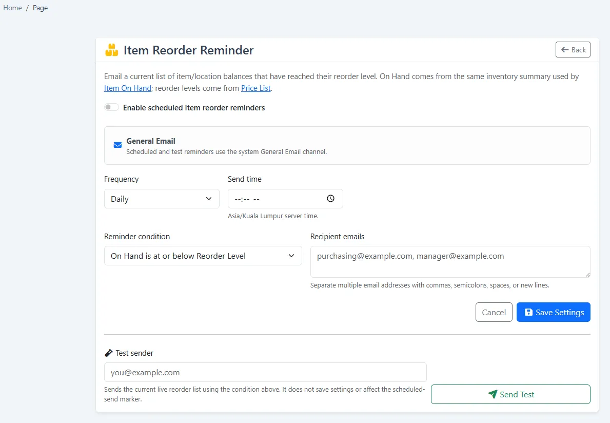 iCRM item reorder reminder setup