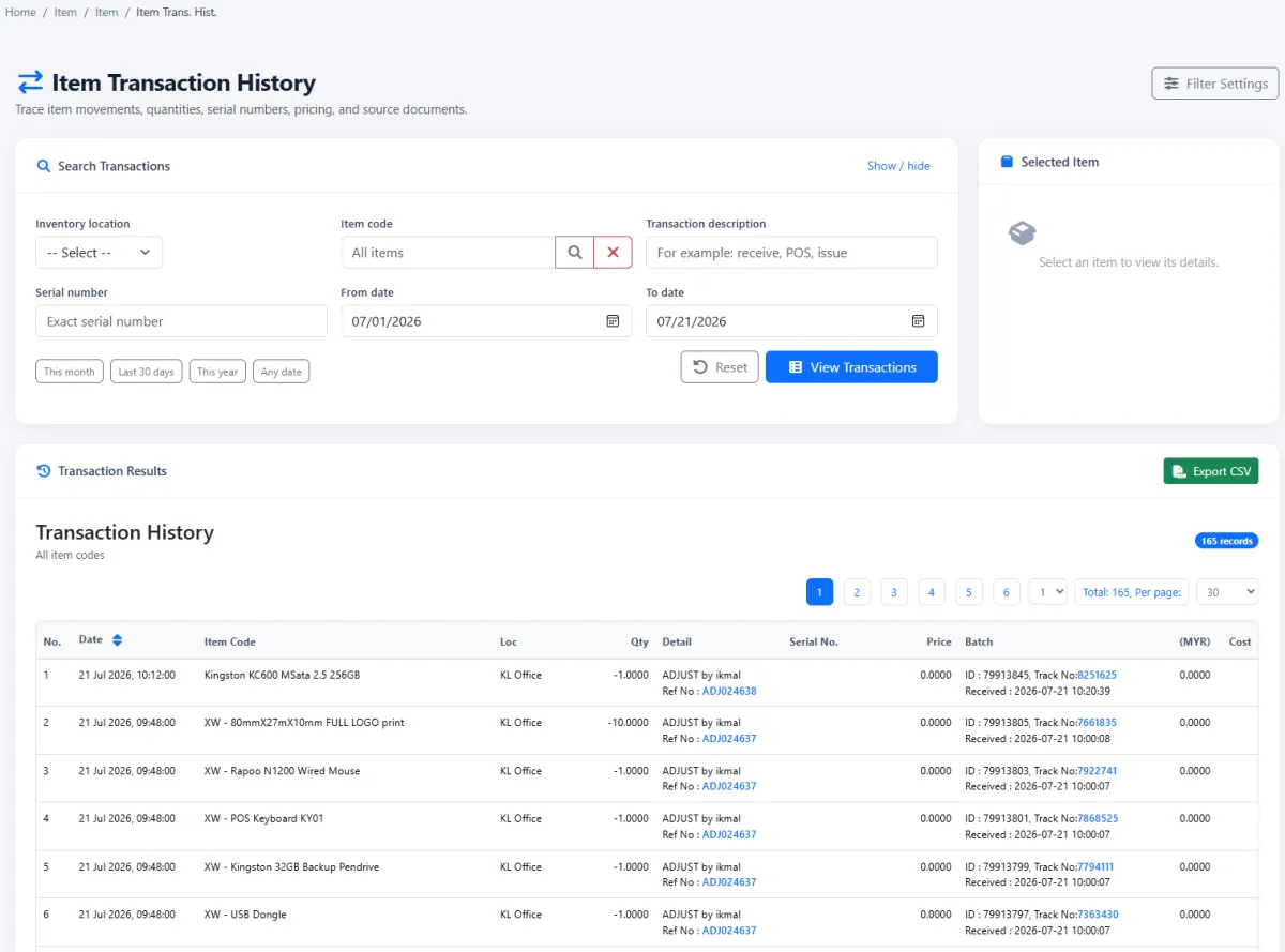 iCRM item transaction history