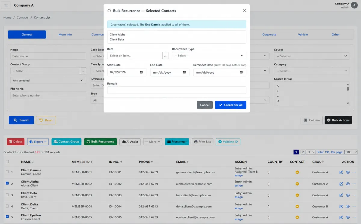 Creating membership recurrence from an iCRM contact