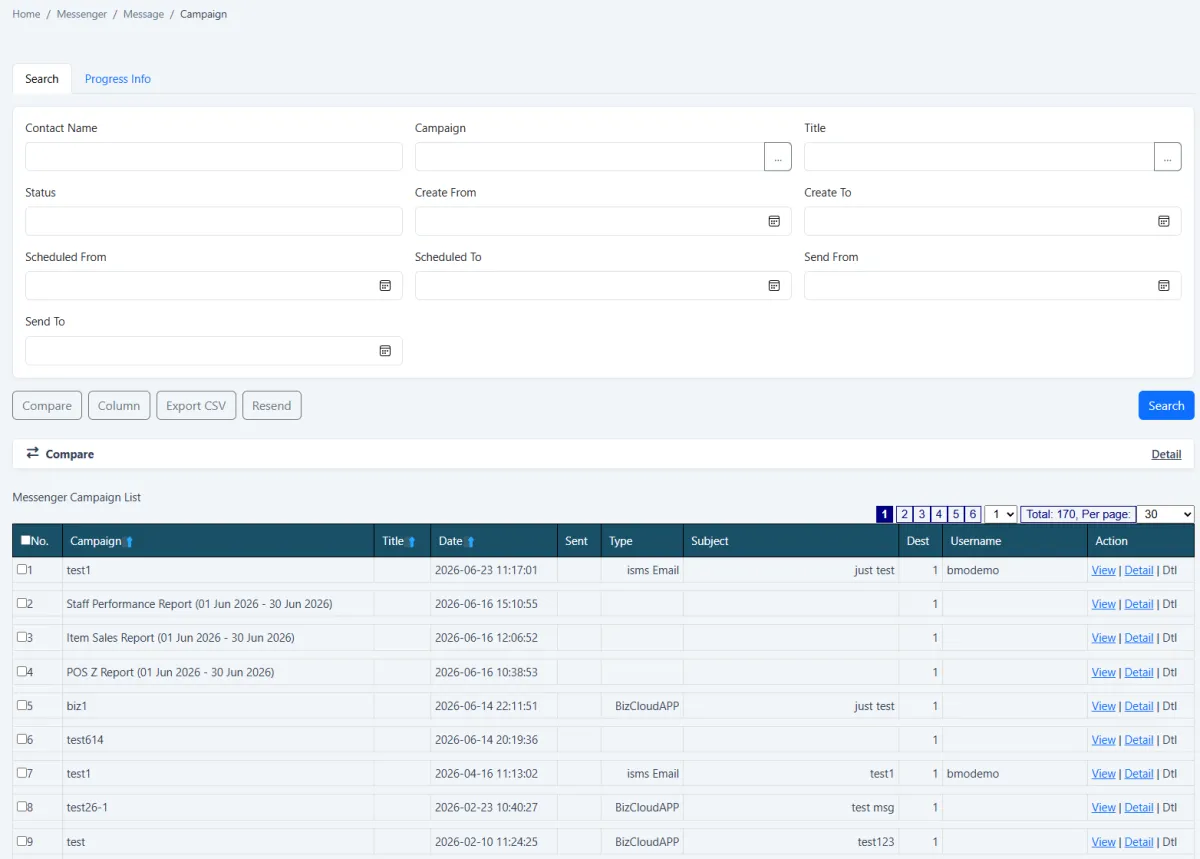 iCRM messaging campaign register with filters and export