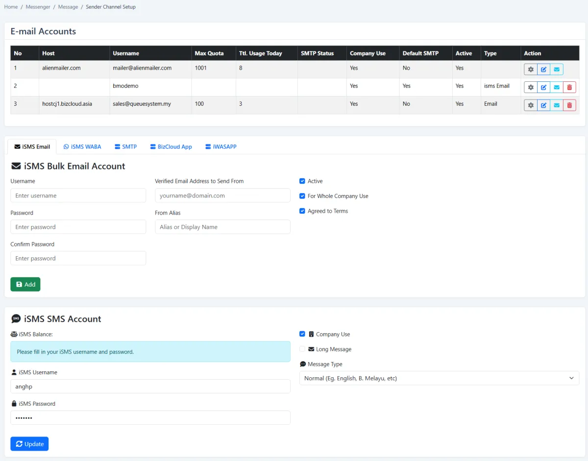 iCRM sender channel setup including the iSMS SMS account