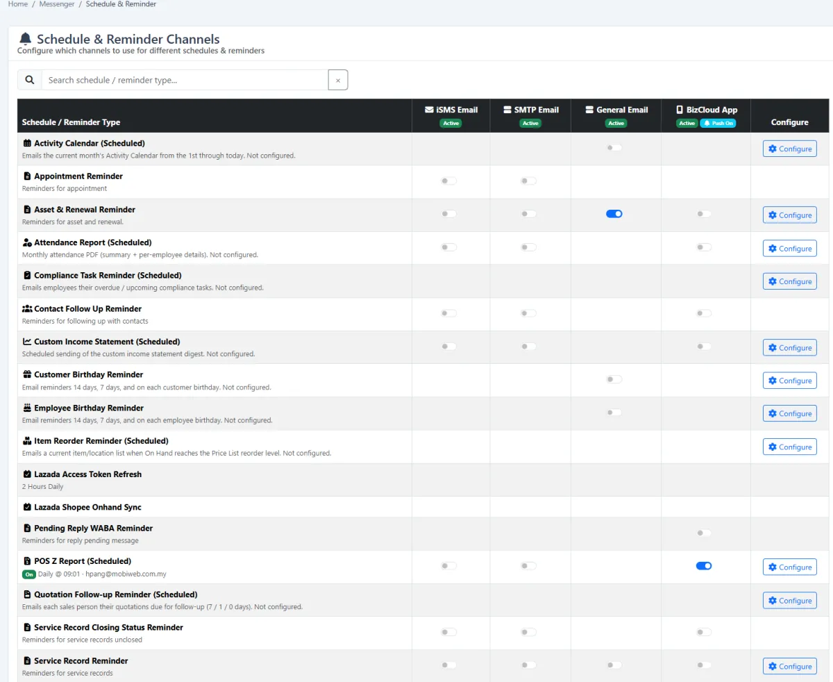 iCRM schedule and reminder channel settings