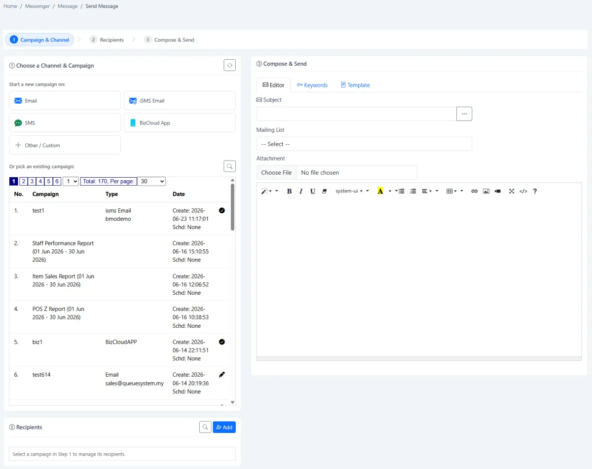 iCRM send message workspace with campaign, recipients and message steps