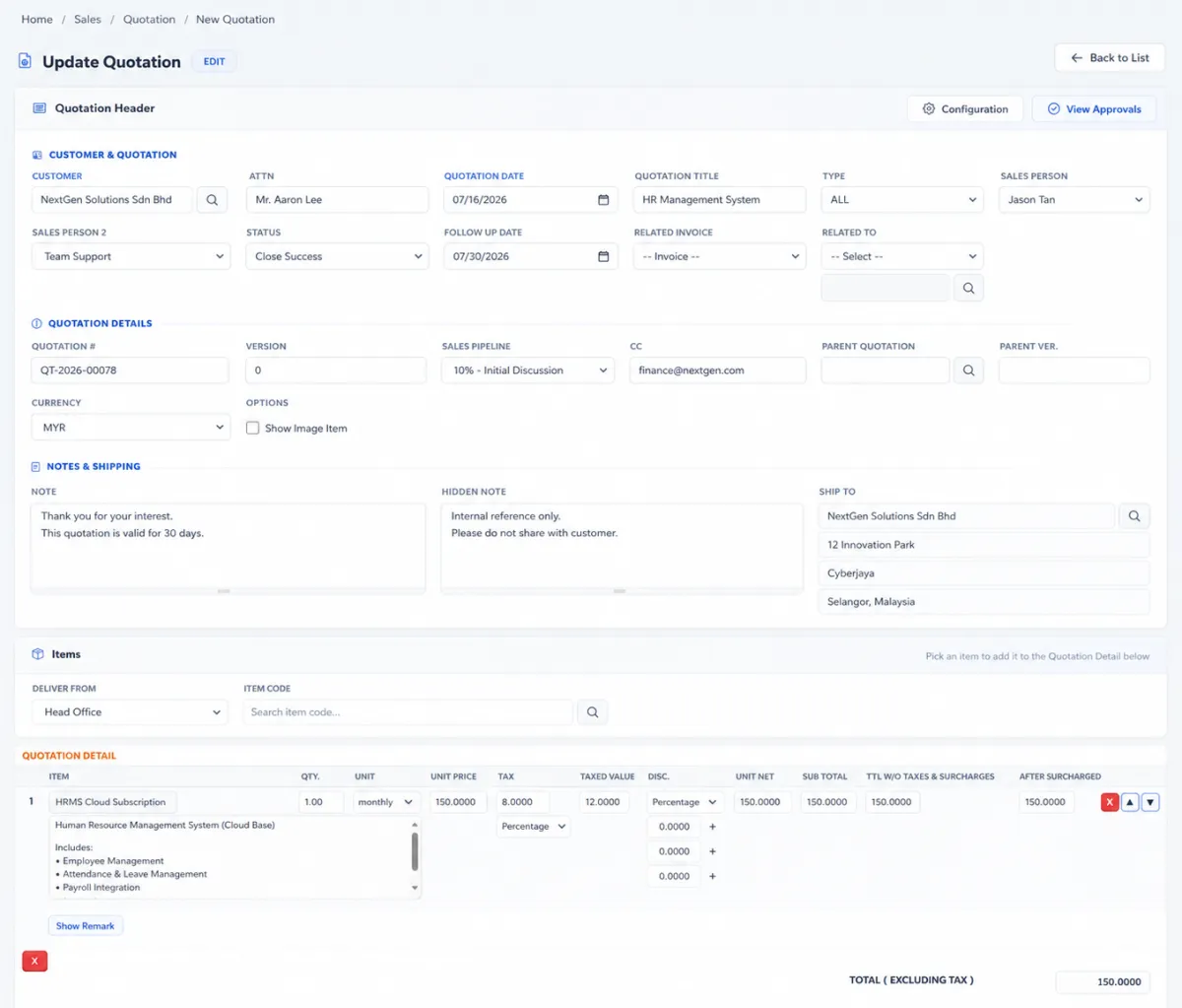 iCRM quotation linked to the customer workflow