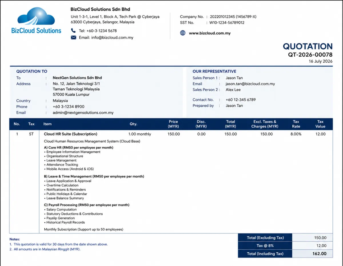 iCRM quotation email with generated PDF
