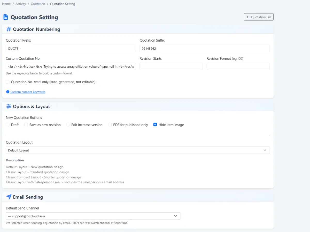iCRM quotation layout and default information settings
