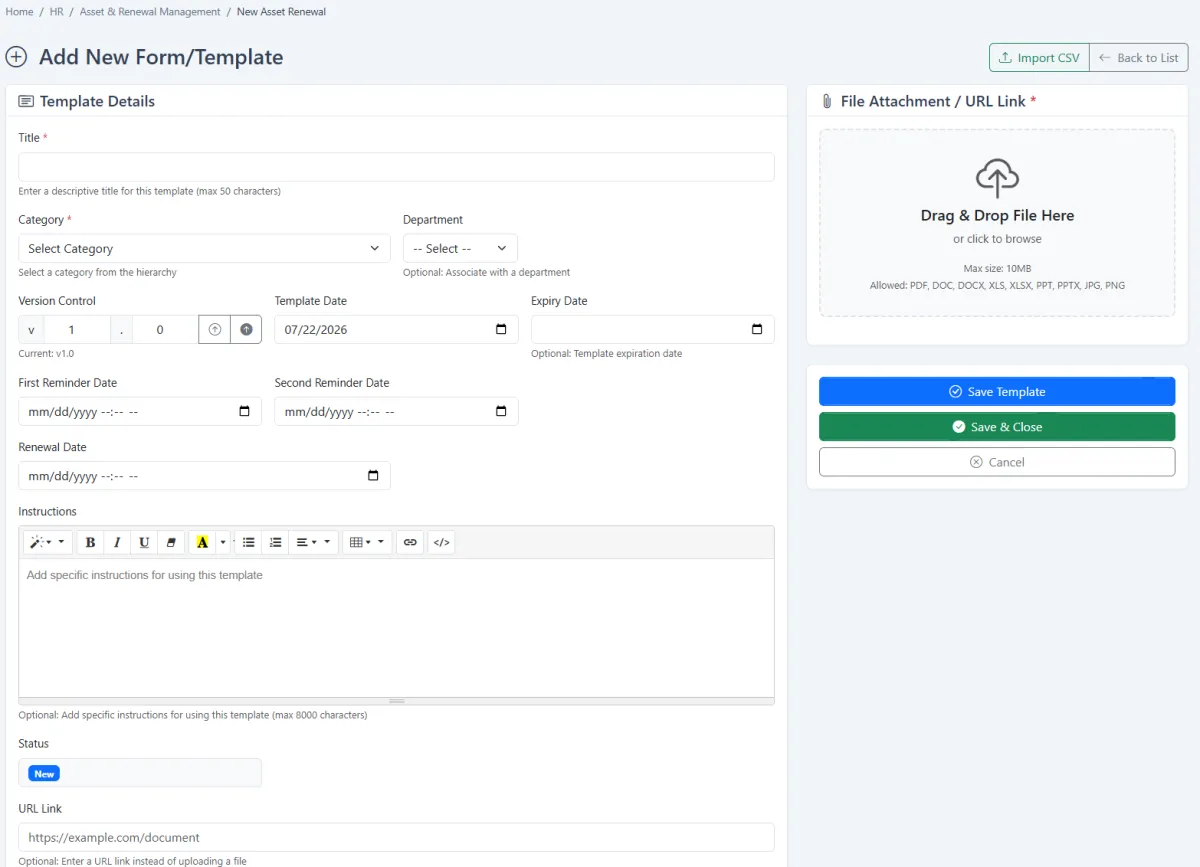 Creating a new asset and renewal record in iCRM