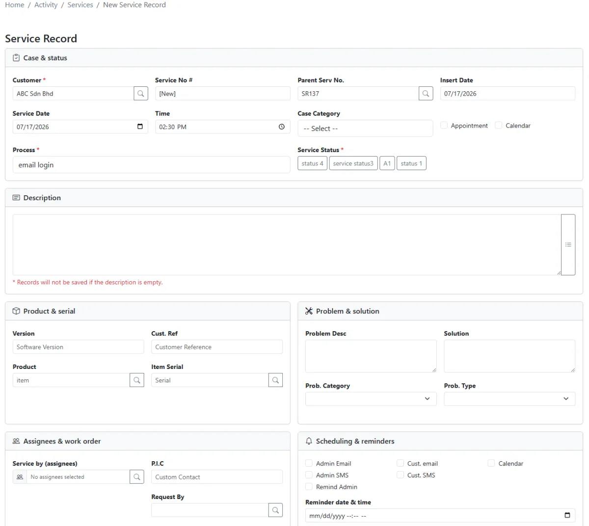 Creating a child service record in iCRM