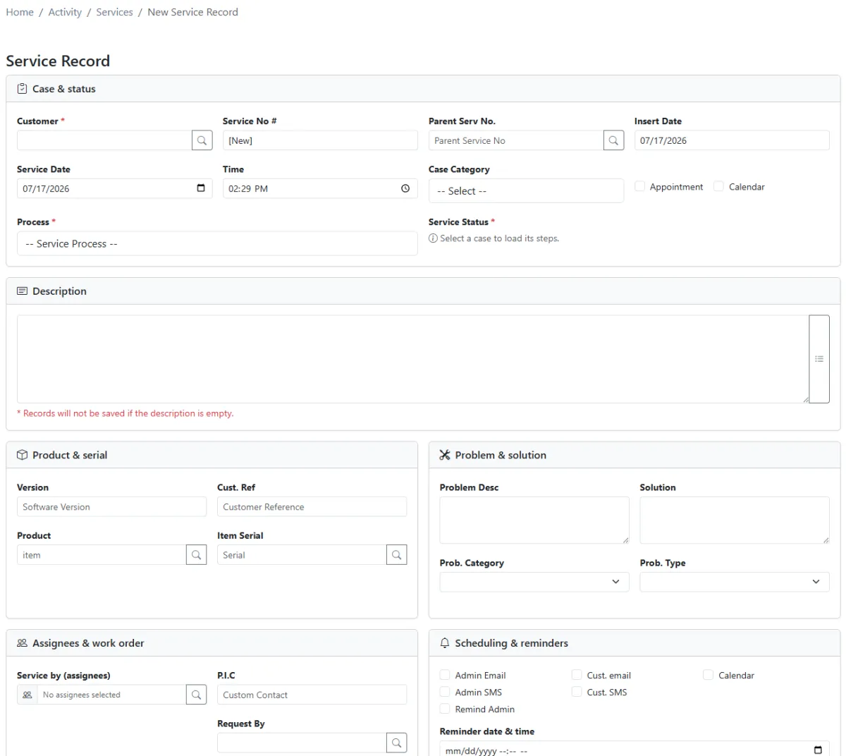 Creating a new service record in iCRM