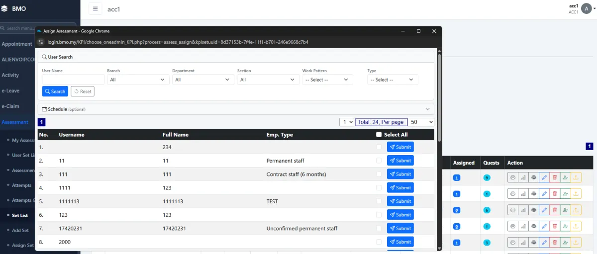 Assigning employees to a KPI assessment set