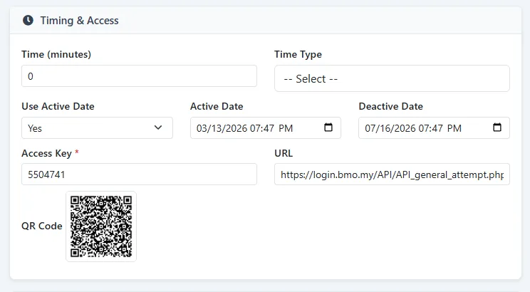 iCRM public assessment URL, access key and active period