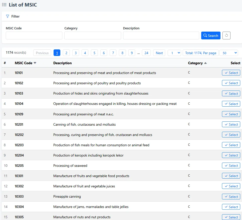 iCRM searchable Malaysian MSIC code list