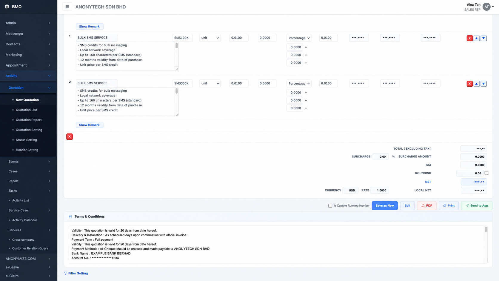 iCRM quotation builder — multiple line items, unit price, percentage discount, surcharge, tax, rounding, currency rate, net total and terms & conditions
