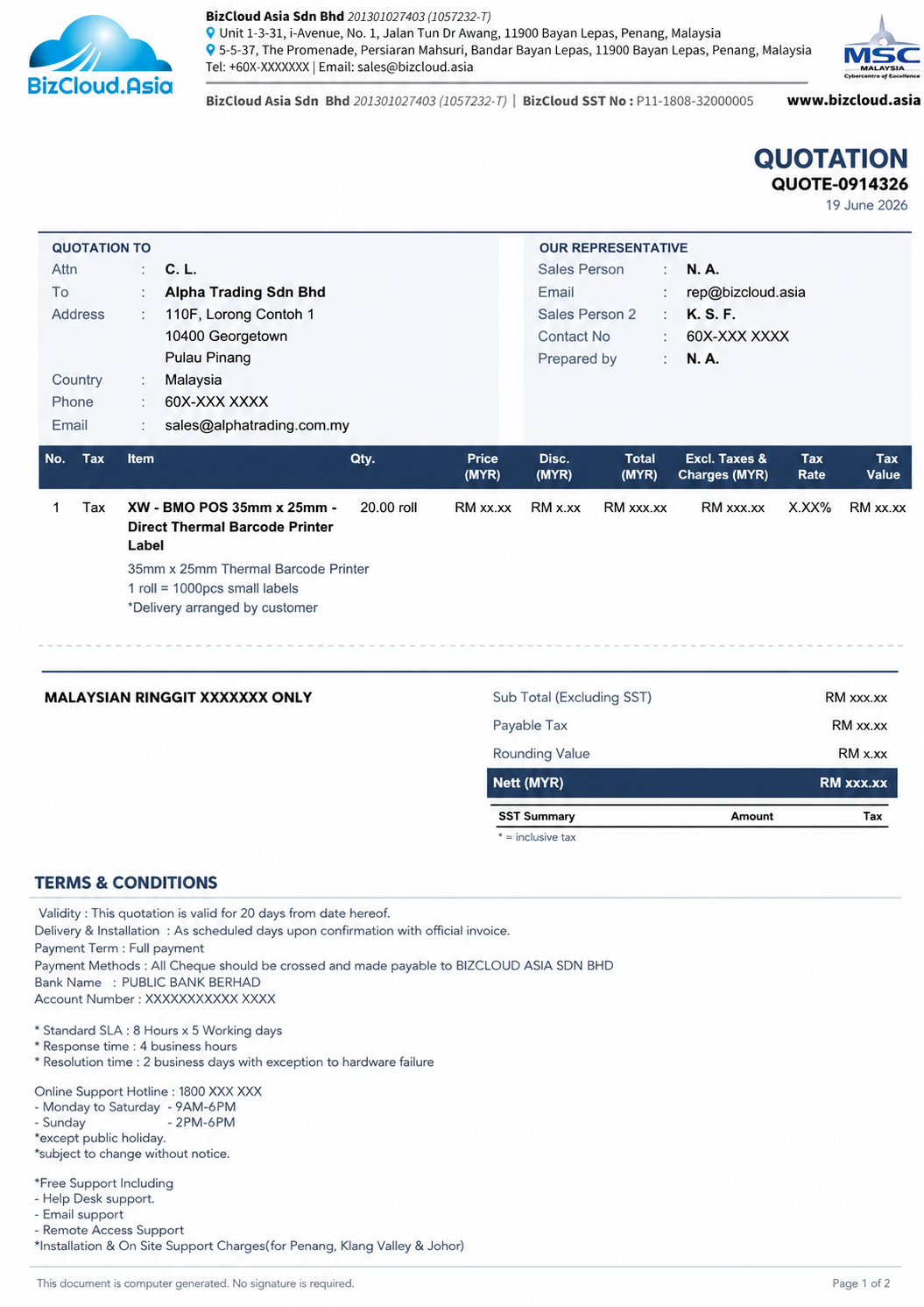 Quotation PDF — company header, quotation-to and representative blocks, itemised table, totals and terms & conditions
