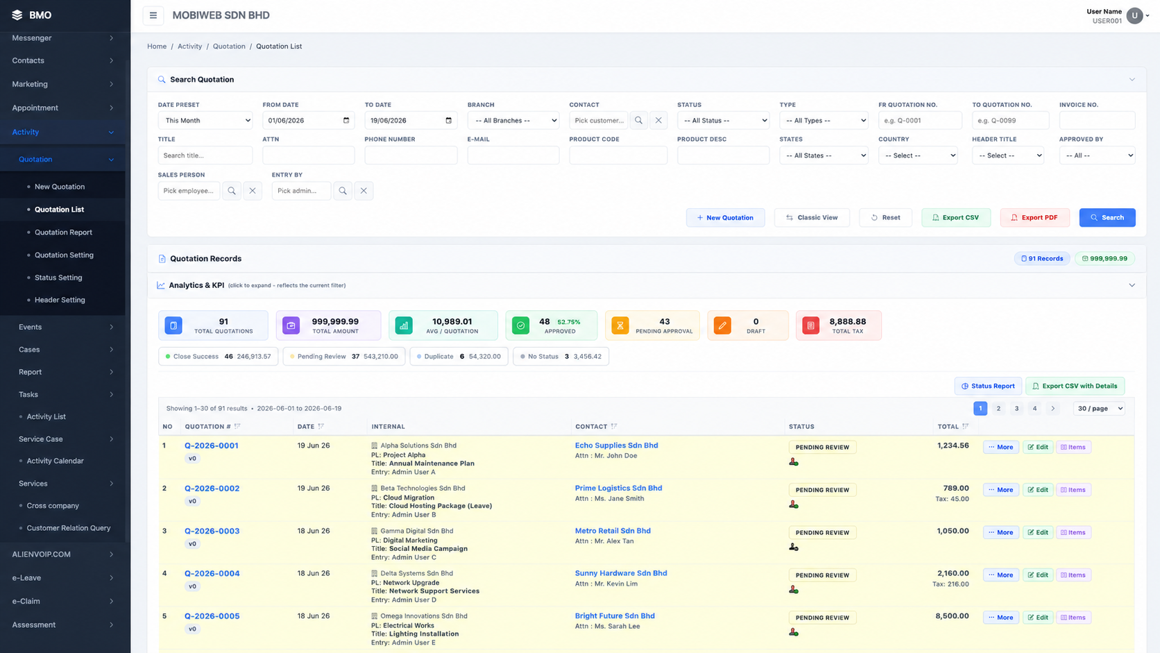 Quotation list on the web — search, filters, status, totals and per-row More / Edit / Items actions